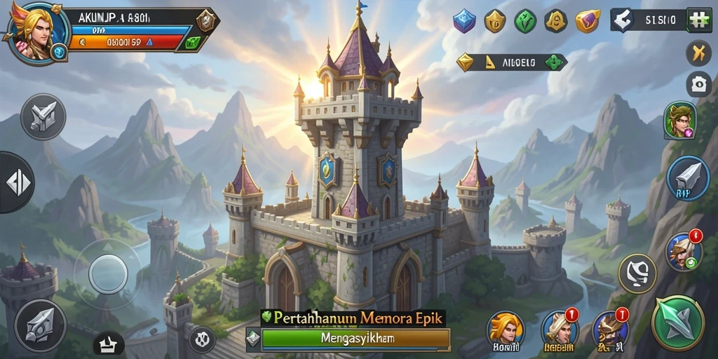Gameplay seru dalam AKUNJP yang menunjukkan menara dan gelombang musuh.