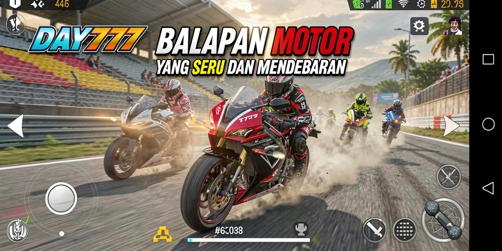 Tampilan gameplay balapan motor yang mengesankan dan penuh aksi.