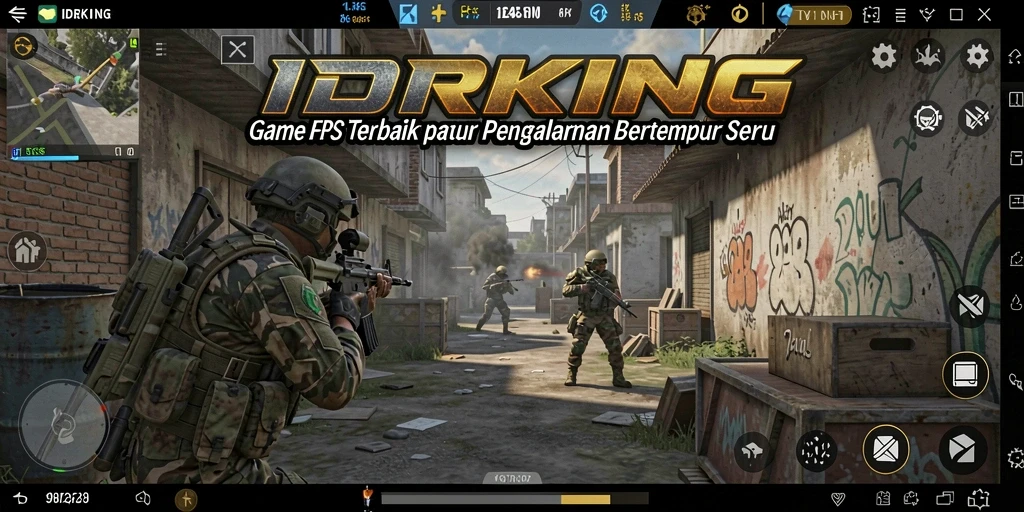 Screenshot utama menunjukkan aksi seru dengan tembak-menembak intens di IDRKING.