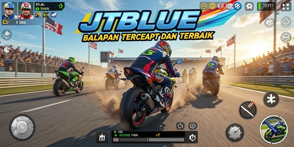 Screenshot gameplay JTBLUE menampilkan balapan seru dengan tampilan motor.