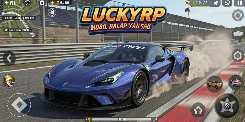 Screenshot gameplay LUCKYRP yang menggambarkan balapan mendebarkan.