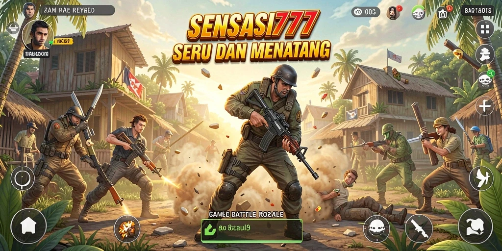 Screenshot SENSASI777 menampilkan aksi pertempuran sengit dalam mode Battle Royale.