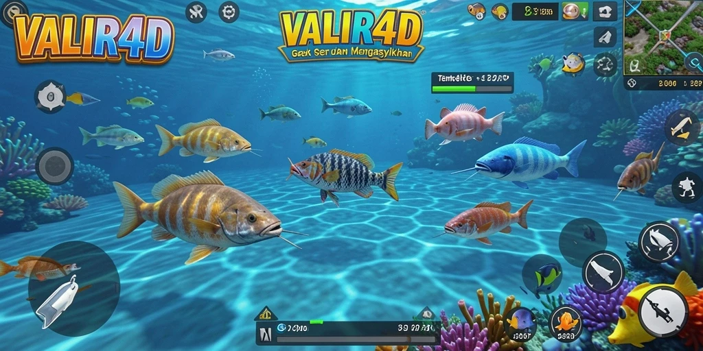 Tangkapan layar gameplay VALIR4D yang menunjukkan aksi menembak ikan.