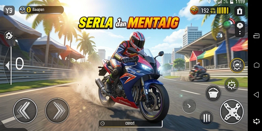 Tampilan gameplay seru di Y89 dengan motor balap cepat dan trek menantang.